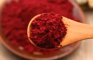 Red beet powder in a wooden spoon.
