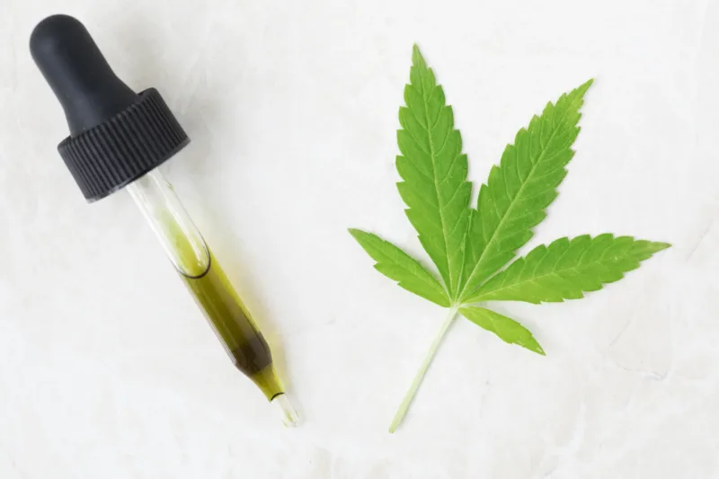 A bottle of CBD oil next to a leaf from Malaysia.