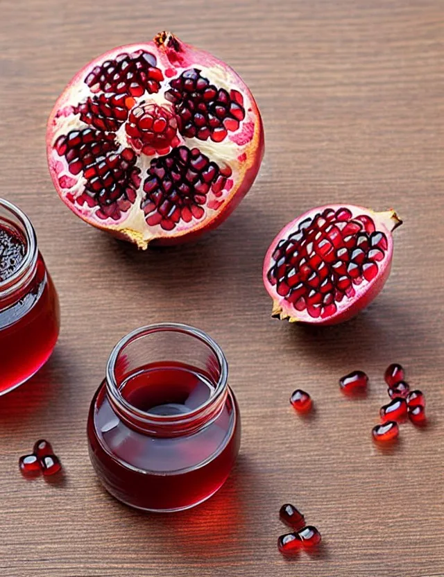 Pomegranate juice and seeds: Nature's Magical Elixir on a wooden table.