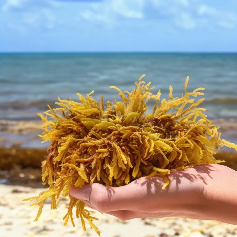 A person holding a bunch of seaweed on the beach.