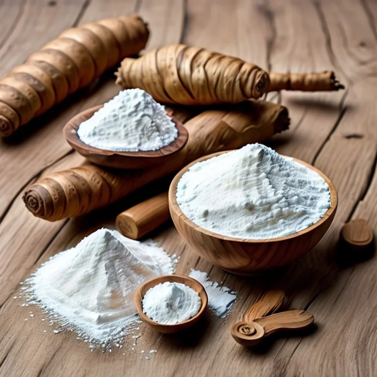 White powder in bowls on a wooden table.