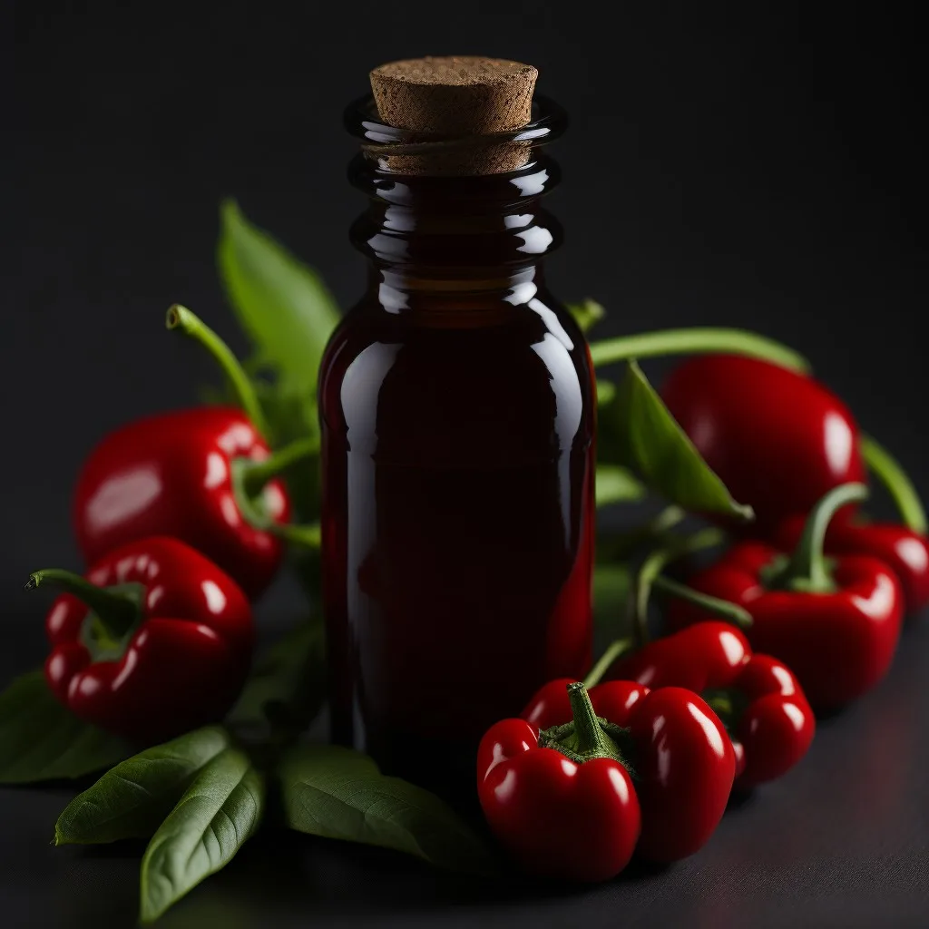 A bottle of pepper oil and red peppers on a black background.