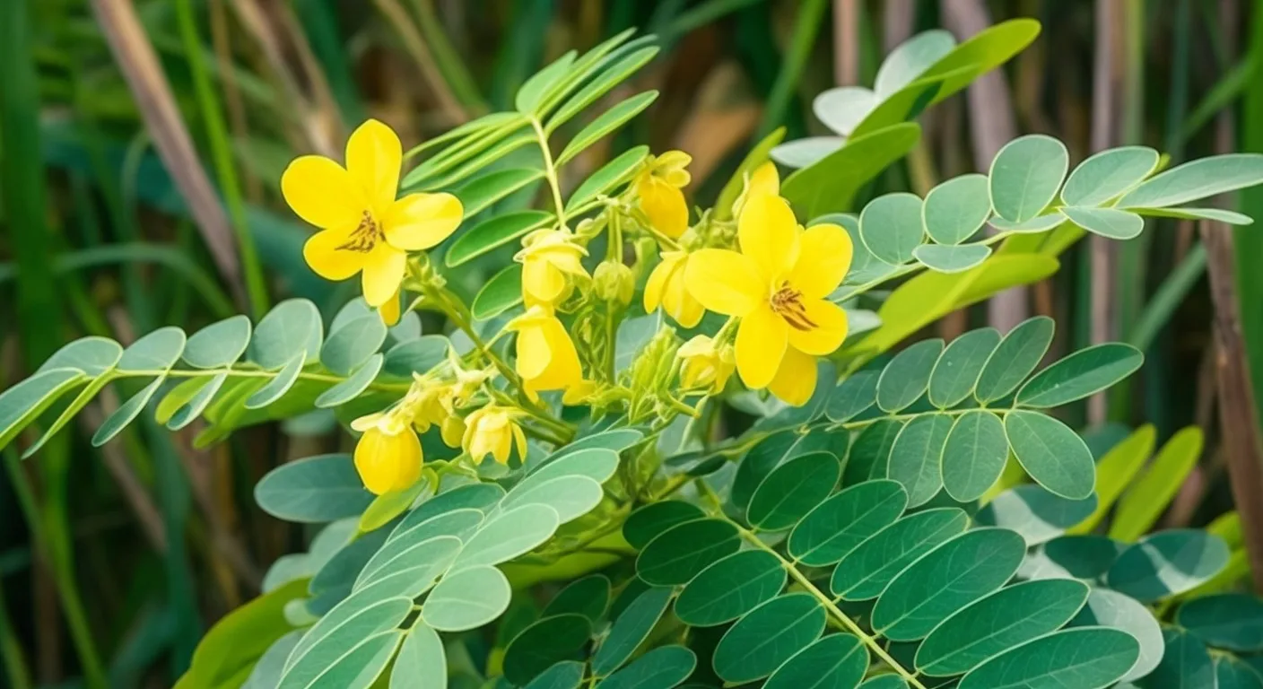 Yellow flowers on a plant with green leaves.