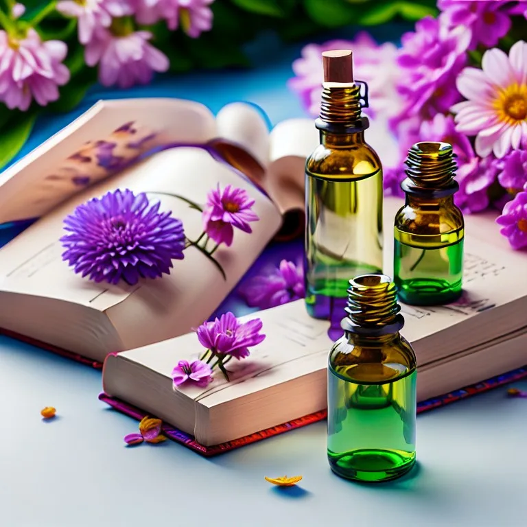 Essential oils and flowers on an open book.