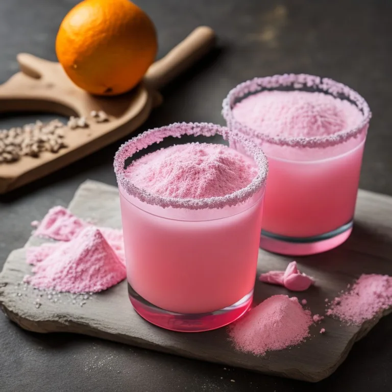 Two glasses of pink margarita infused with sakura extract and dusted with pink powder.
