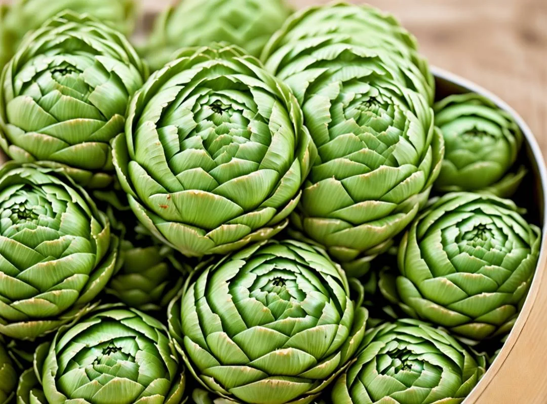 Artichokes in a metal bowl on a wooden table.