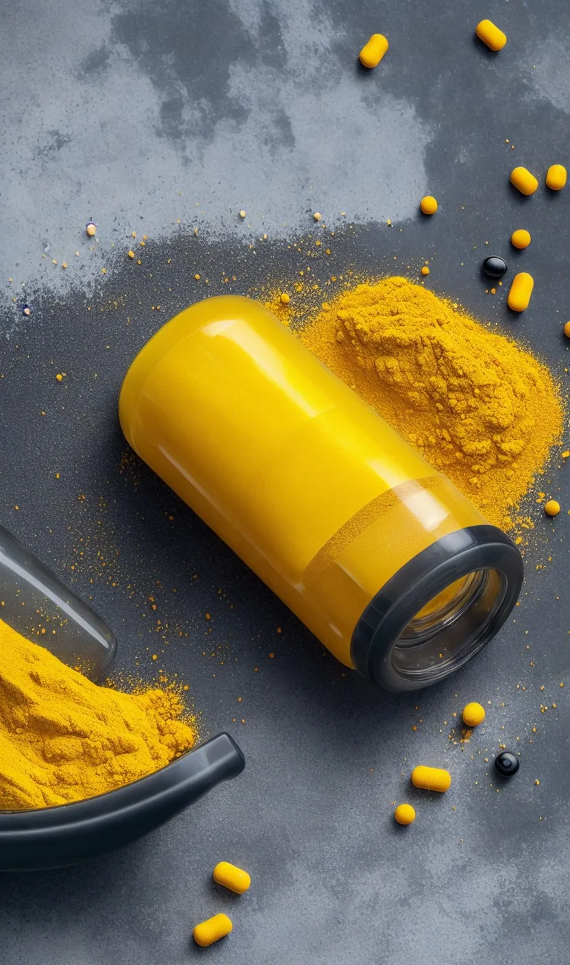 Tumeric powder and pills on a grey background.