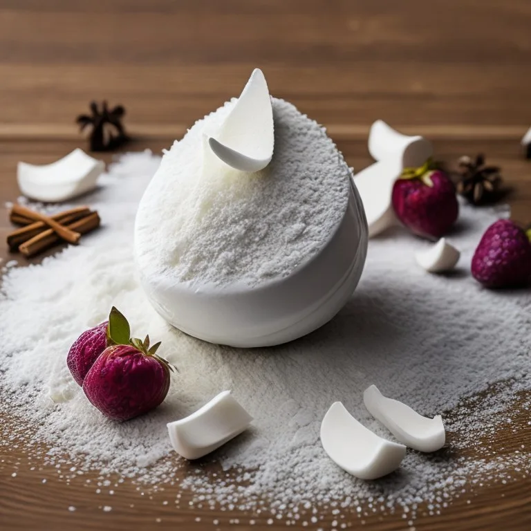 White powder with strawberries and cinnamon on a wooden table.