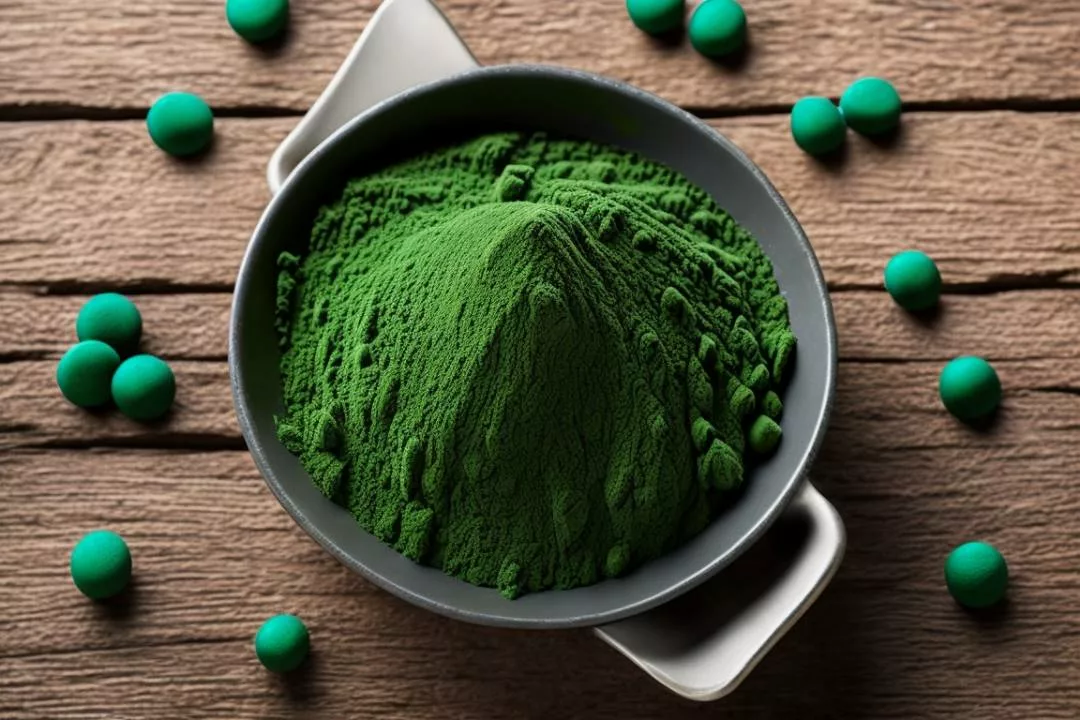 Green powder in a bowl on a wooden table.
