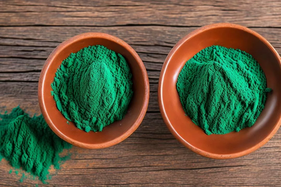 Two bowls of green powder on a wooden table.