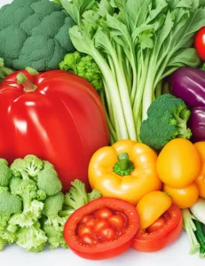 A variety of vegetables are arranged on a white surface.