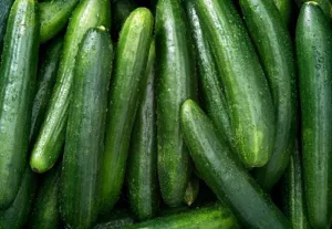Cucumber powder in a jar with sliced cucumbers and a mortar and pestle.