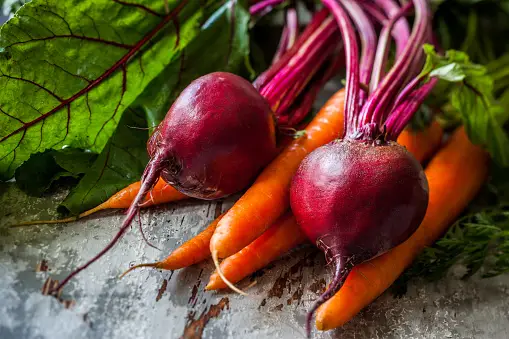 Fresh beets and carrots, packed with essential nutrients, beautifully arranged on a table.
