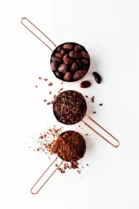 A bowl of cocoa powder surrounded by cocoa beans and dark