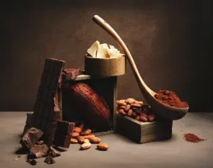 A bowl of cocoa powder with a wooden spoon