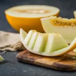 A bowl of honeydew powder surrounded by fresh honeydew slices.