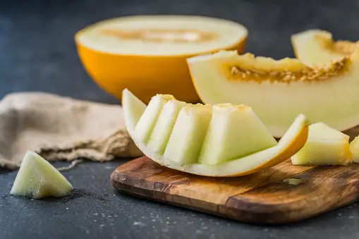 A bowl of honeydew powder surrounded by fresh honeydew slices.