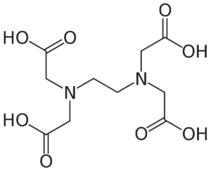 An image displaying the molecular structure of the chemical compound EDTA, which stands for Ethylenediaminetetraacetic acid. This compound is often used as a chelating agent in the food industry to bind metal ions and improve food stability and shelf life.