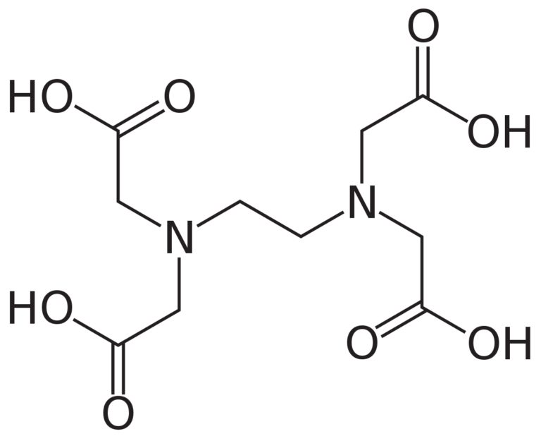 An image displaying the molecular structure of the chemical compound EDTA, which stands for Ethylenediaminetetraacetic acid. This compound is often used as a chelating agent in the food industry to bind metal ions and improve food stability and shelf life.