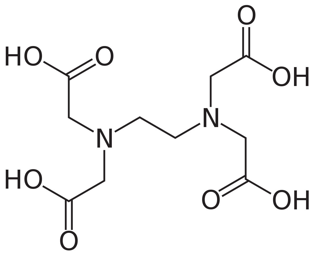 An image displaying the molecular structure of the chemical compound EDTA, which stands for Ethylenediaminetetraacetic acid. This compound is often used as a chelating agent in the food industry to bind metal ions and improve food stability and shelf life.