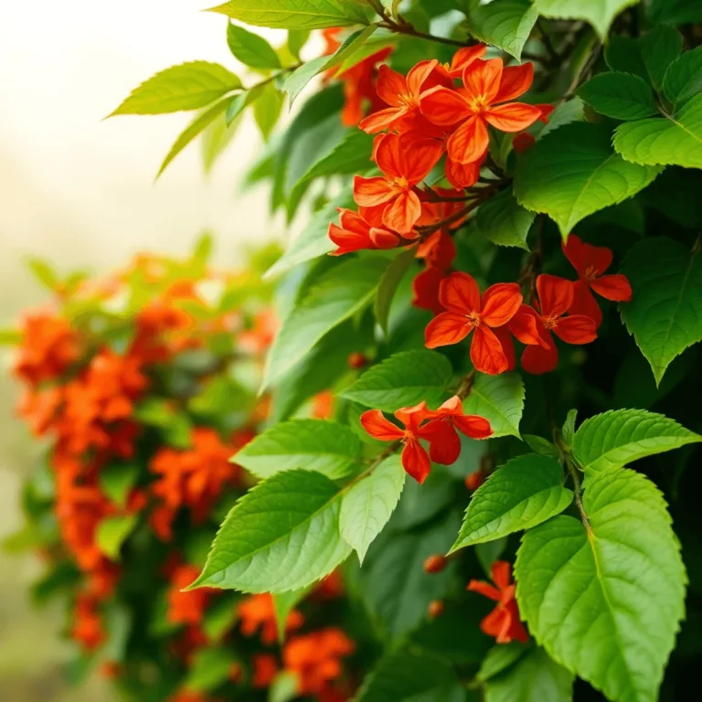 Close-up of Butea Superba vine with bright orange-red flowers and green leaves against a soft natural background.