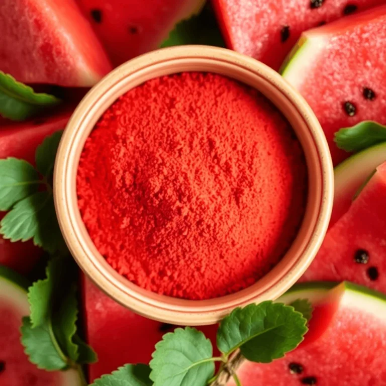 Close-up of a bowl with bright red watermelon powder, surrounded by fresh watermelon slices and green leaves, highlighting natural health and nutri...
