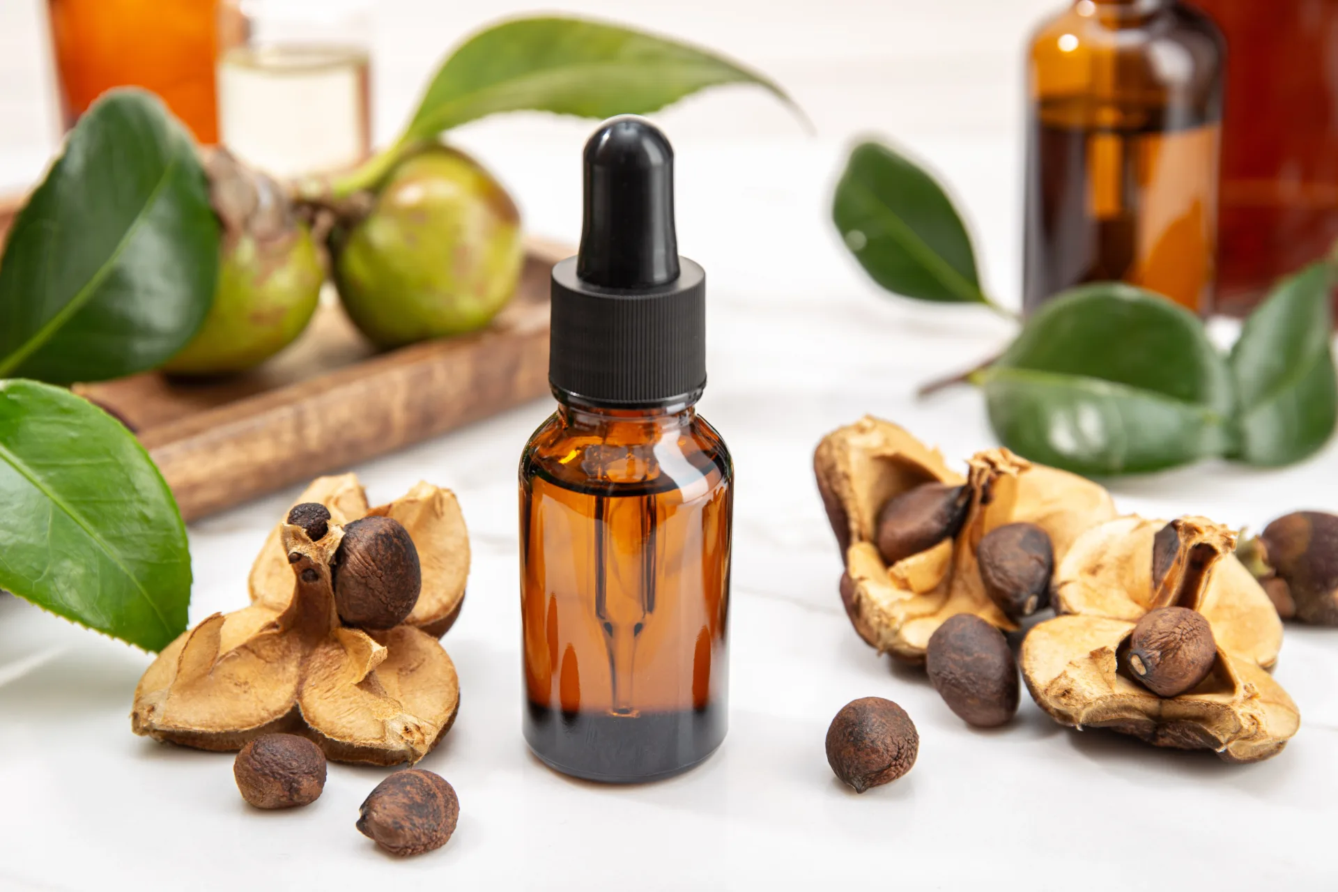 Tamanu oil bottle with nuts and leaves