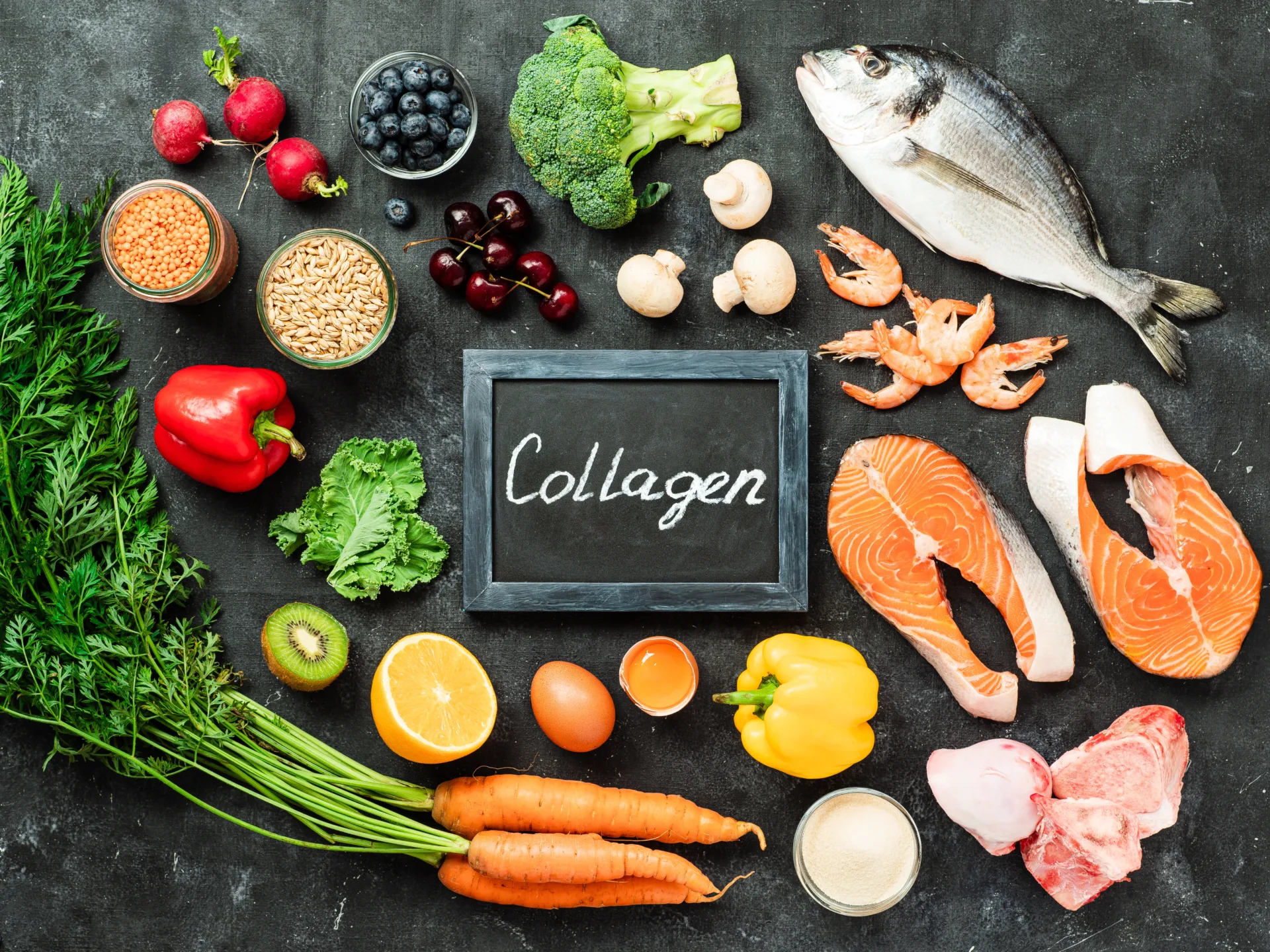 Collagen-rich foods: fish, vegetables, fruits, seeds, meats.