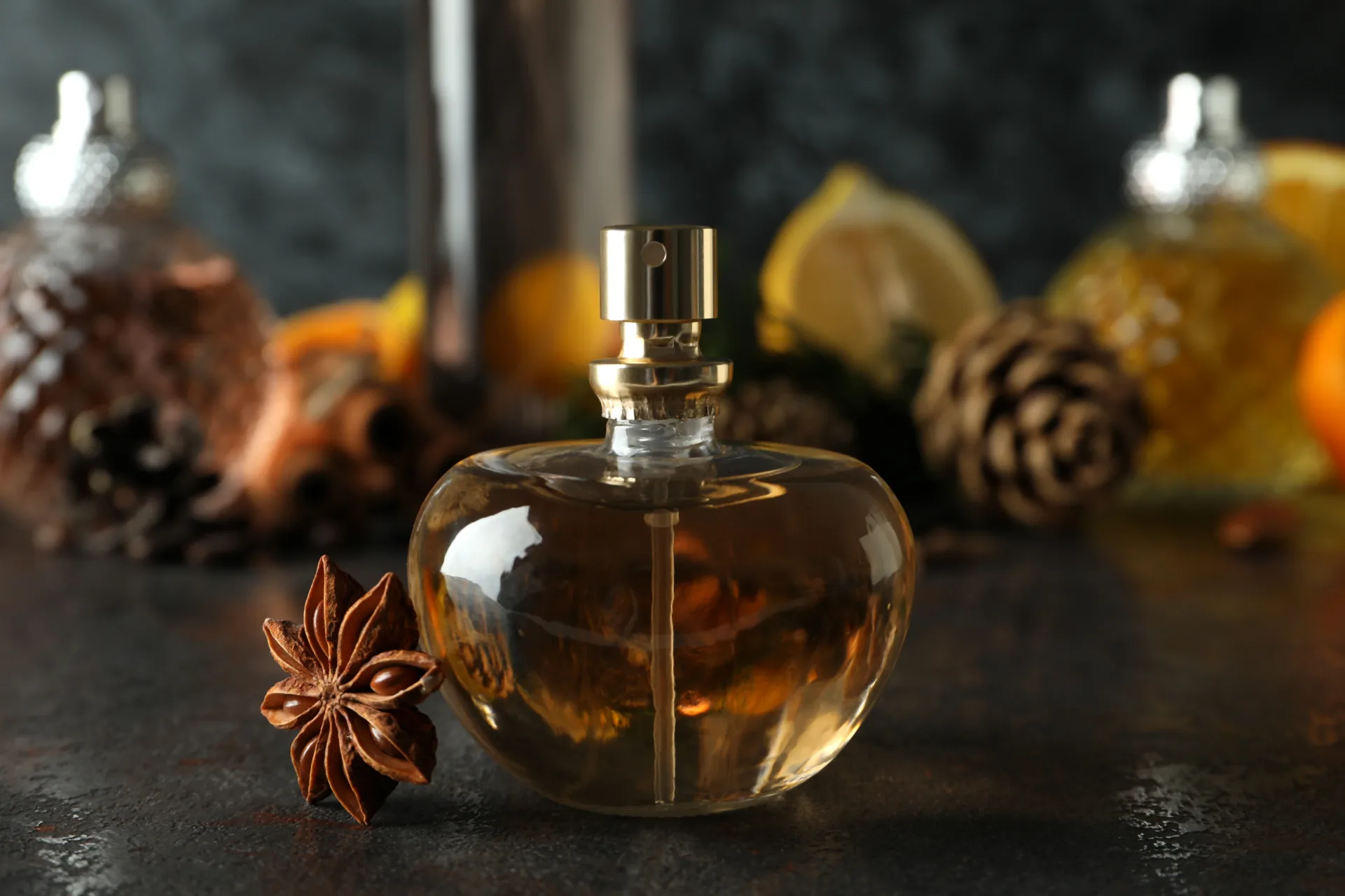 Elegant perfume bottle with warm spices, lemons