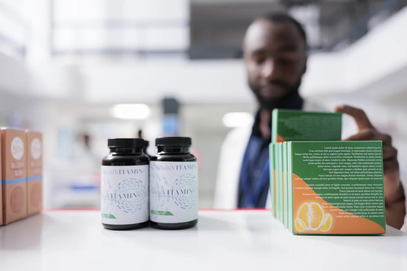 Man browsing vitamins and supplements on pharmacy shelf.