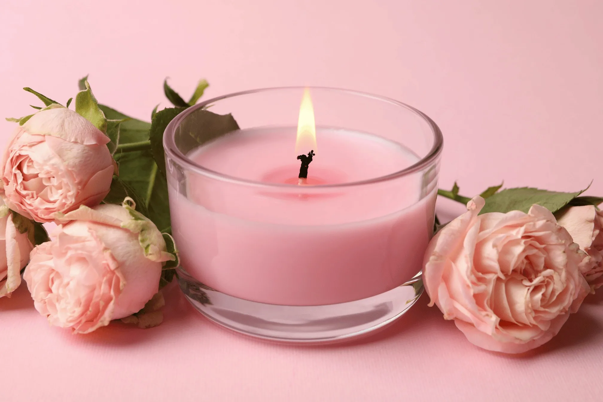 Pink candle with roses on pink background.