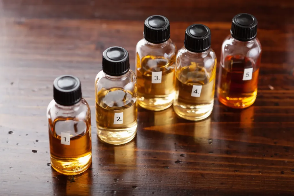 Five small bottles of liquid with numbered labels.