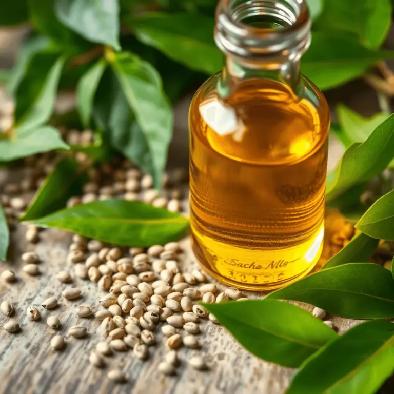 Close-up of golden Sacha Inchi oil in a glass bottle surrounded by seeds and green leaves on a wooden surface.