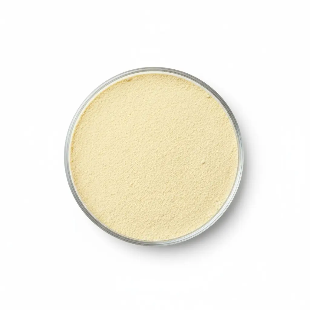 Powdered milk in a glass bowl, top view.