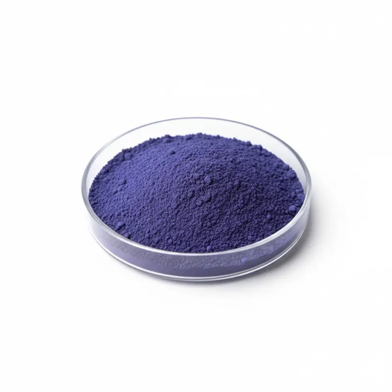 Bowl of purple pigment powder on white background.