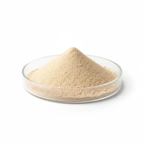 Granular powder in glass dish on white background.