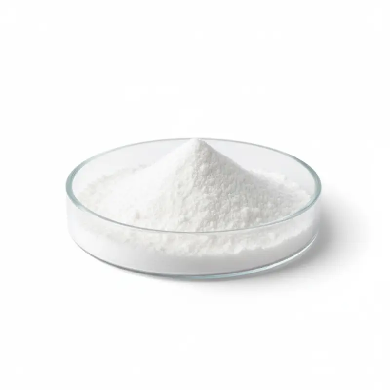 White powder in glass dish on white background.