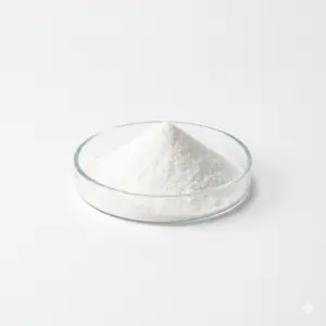 White powder in glass dish on white background.