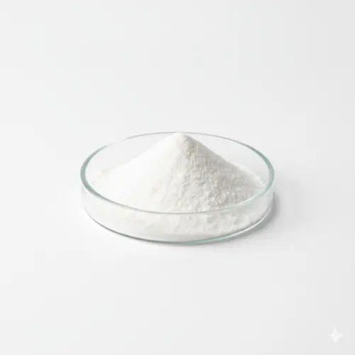 White powder in glass dish on white background.