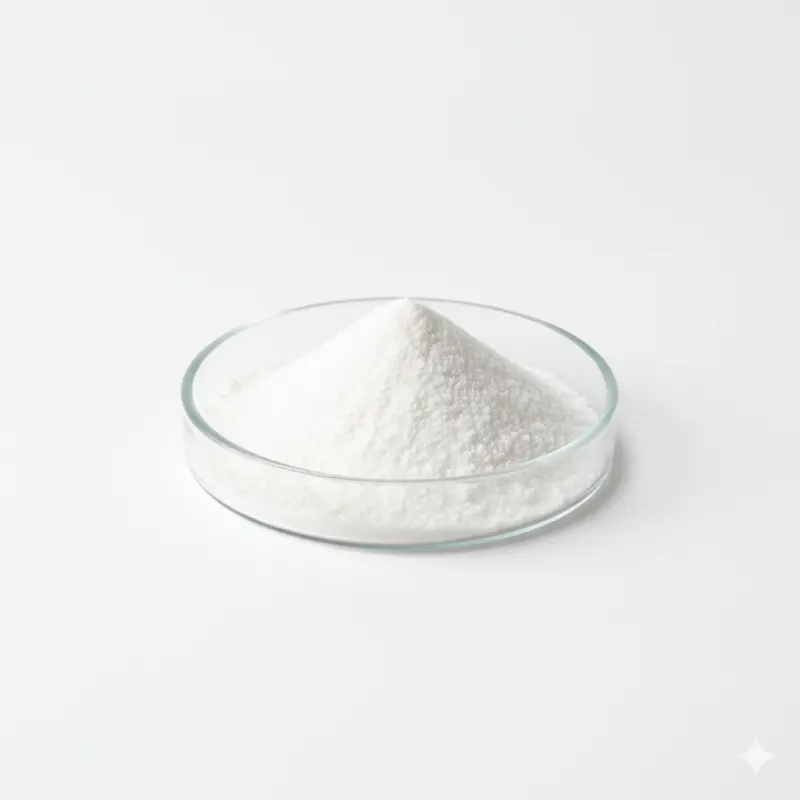 White powder in glass dish on white background.