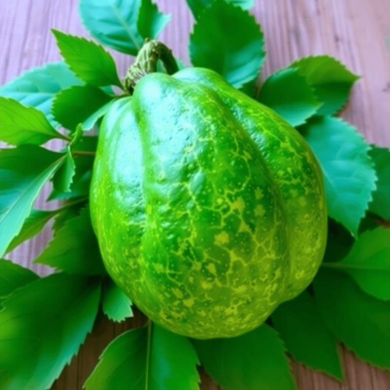 A fresh Garcinia Cambogia fruit with pumpkin-like shape on wooden surface, surrounded by green leaves, symbolizing natural health and weight loss.