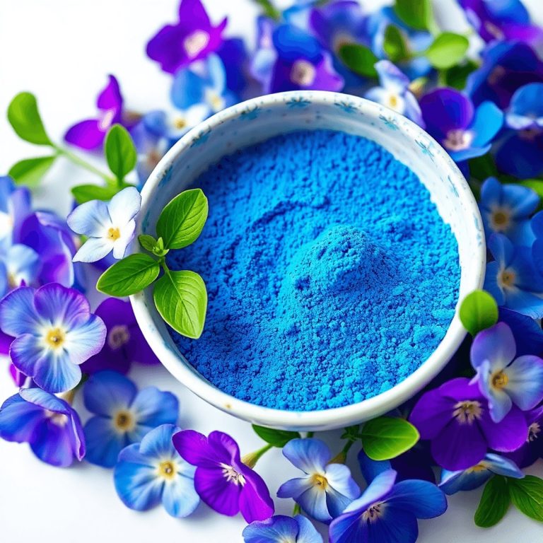 Close-up of a bowl with bright blue butterfly pea powder surrounded by fresh flowers on a white surface, highlighting vibrant colors and natural li...