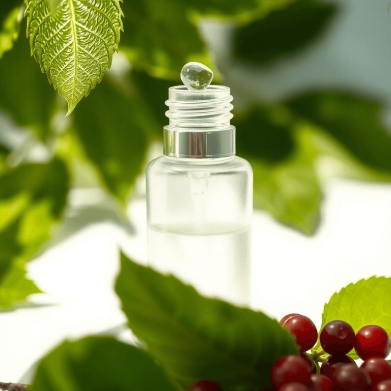 Close-up of a clear glass bottle with dropper holding glowing serum, surrounded by green leaves and soft light rays, symbolizing purity and skin re...