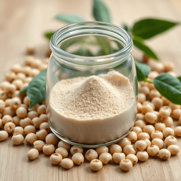 Close-up of a glass jar filled with beige powder, surrounded by fresh soybeans on a wooden surface, lit by soft natural light.