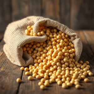 Close-up of a rustic wooden table with a burlap sack overflowing with fresh golden soybeans bathed in warm natural light highlighting their texture.