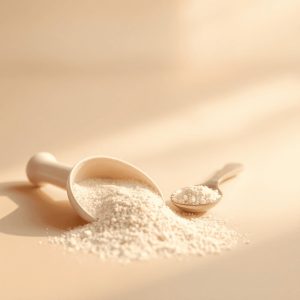 Close-up of a smooth scoop of light powder with a small spoon on a clean surface, surrounded by soft glowing waves symbolizing energy and wellness.