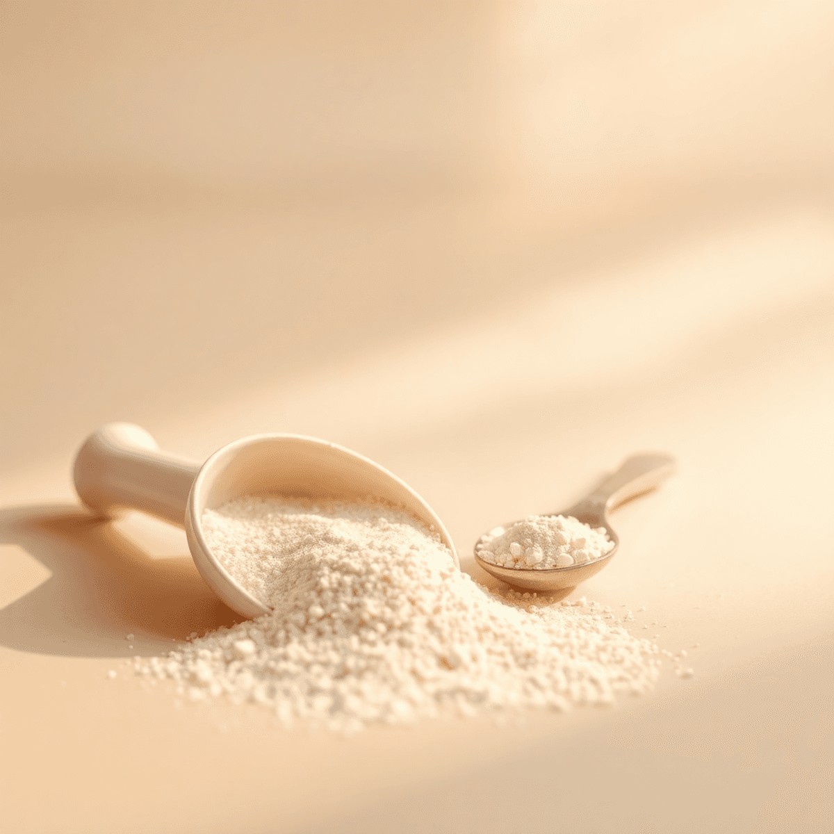 Close-up of a smooth scoop of light powder with a small spoon on a clean surface, surrounded by soft glowing waves symbolizing energy and wellness.
