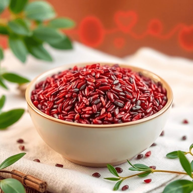 Close-up of a vibrant bowl of red yeast rice grains with green leaves and herbs, set against a warm background with abstract shapes symbolizing hea...
