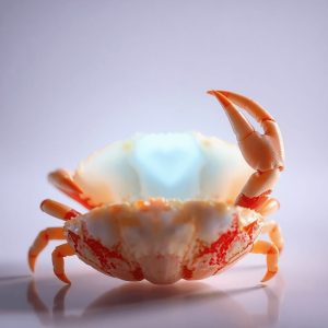 Close-up of a vibrant crab shell glowing softly, set against an abstract background with subtle molecular shapes symbolizing natural healing and nu...