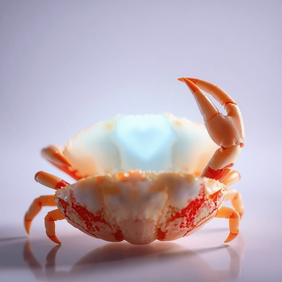 Close-up of a vibrant crab shell glowing softly, set against an abstract background with subtle molecular shapes symbolizing natural healing and nu...